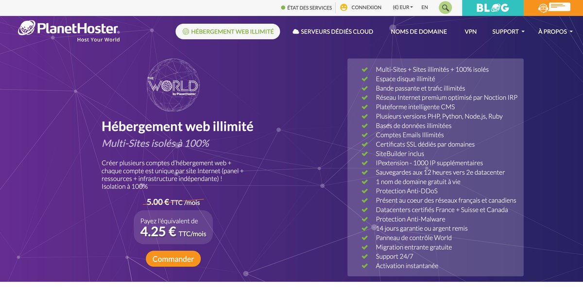 planethoster est un hébergeur web offrant des solutions performantes et adaptées à vos besoins, avec un service client dédié, une infrastructure de qualité et des options flexibles pour les particuliers et les entreprises.